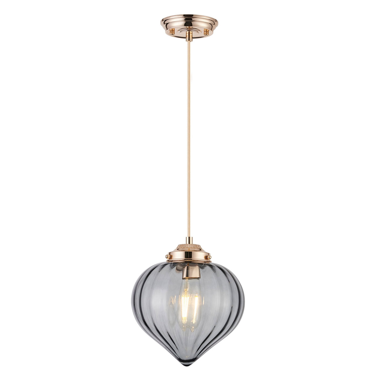 A three-quarter view of an oblong, vertically ridged, grey glass lampshade with a gold-coloured top.