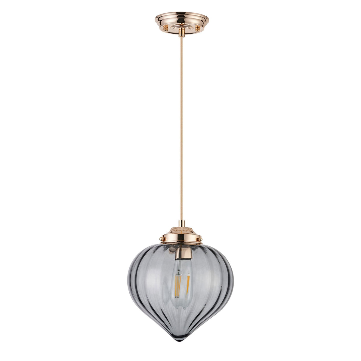 A slightly angled view of an oblong, vertically ridged, grey glass lampshade with a gold-coloured top.