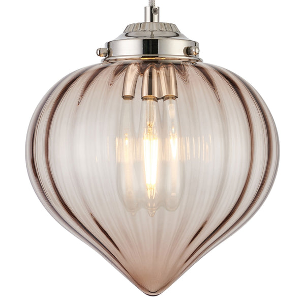Appin Single Drop Pendant in Polished Nickel with Cognac Flower Bud Glass Shade