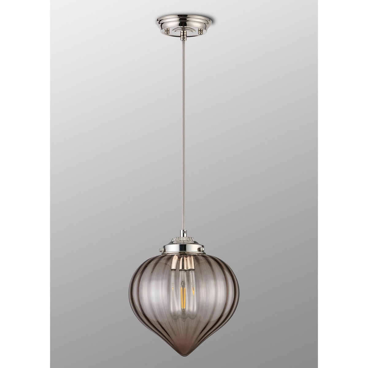 Appin Single Drop Pendant in Polished Nickel with Cognac Flower Bud Glass Shade