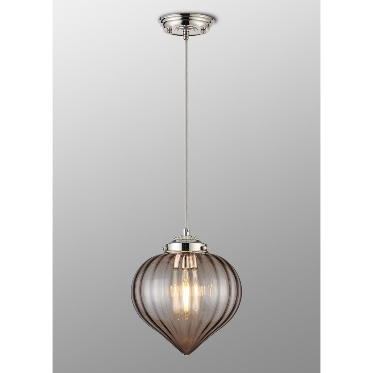 Appin Single Drop Pendant in Polished Nickel with Cognac Flower Bud Glass Shade