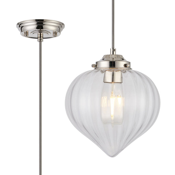 Appin Single Drop Pendant in Polished Nickel with Clear Flower Bud Glass Shade
