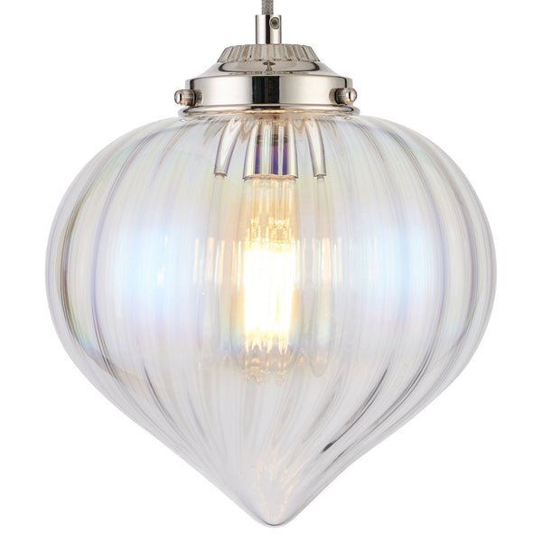 Appin Single Drop Pendant in Polished Nickel with Iridescent Faded Flower Bud Glass Shade