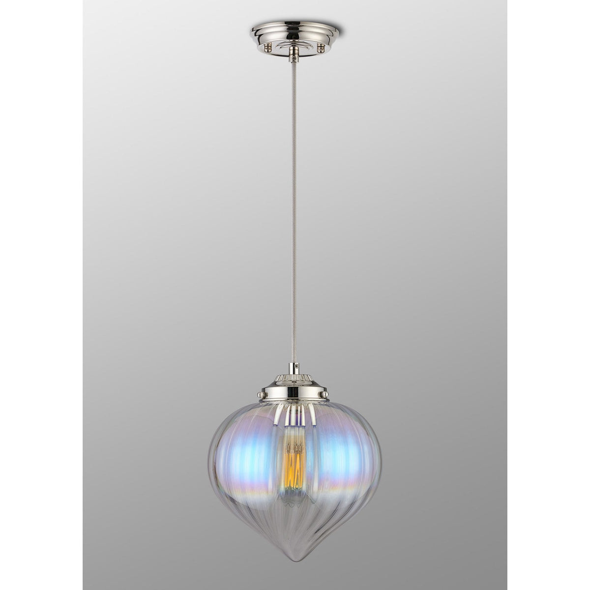 Appin Single Drop Pendant in Polished Nickel with Iridescent Faded Flower Bud Glass Shade