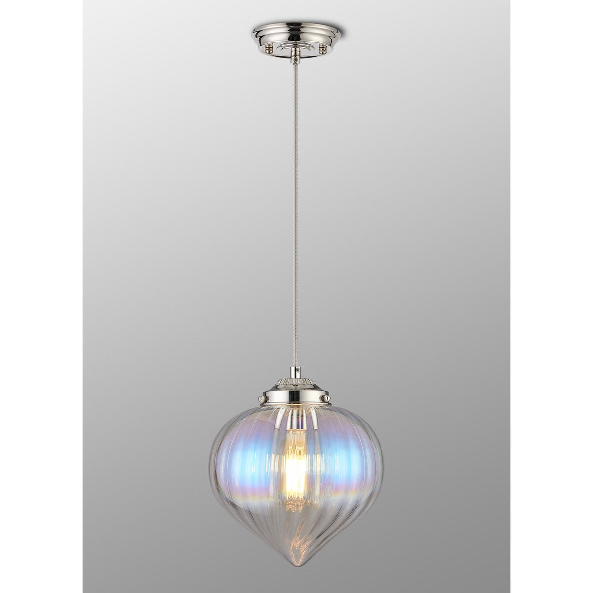 Appin Single Drop Pendant in Polished Nickel with Iridescent Faded Flower Bud Glass Shade