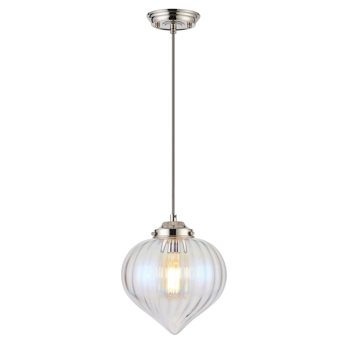 Appin Single Drop Pendant in Polished Nickel with Iridescent Faded Flower Bud Glass Shade