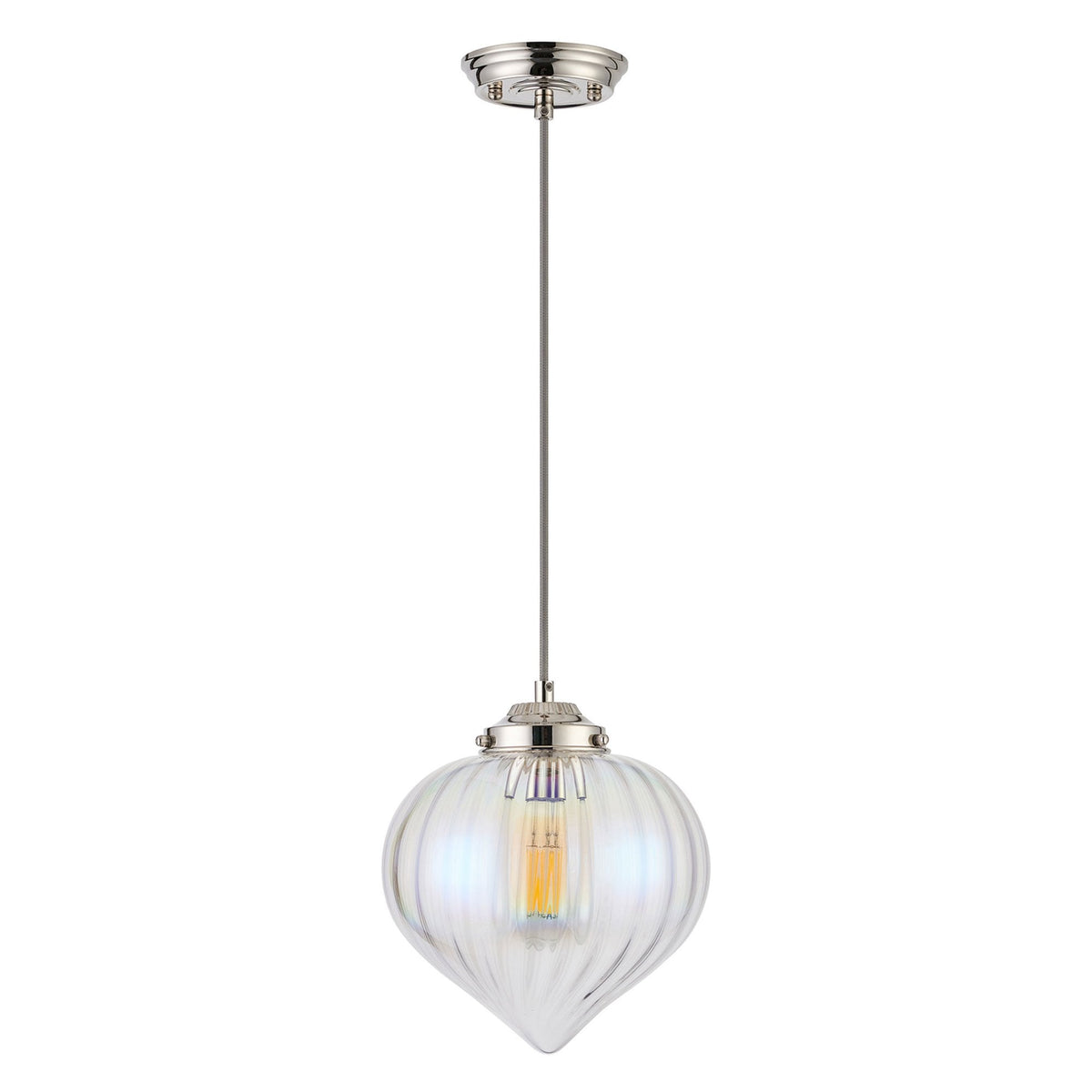 Appin Single Drop Pendant in Polished Nickel with Iridescent Faded Flower Bud Glass Shade