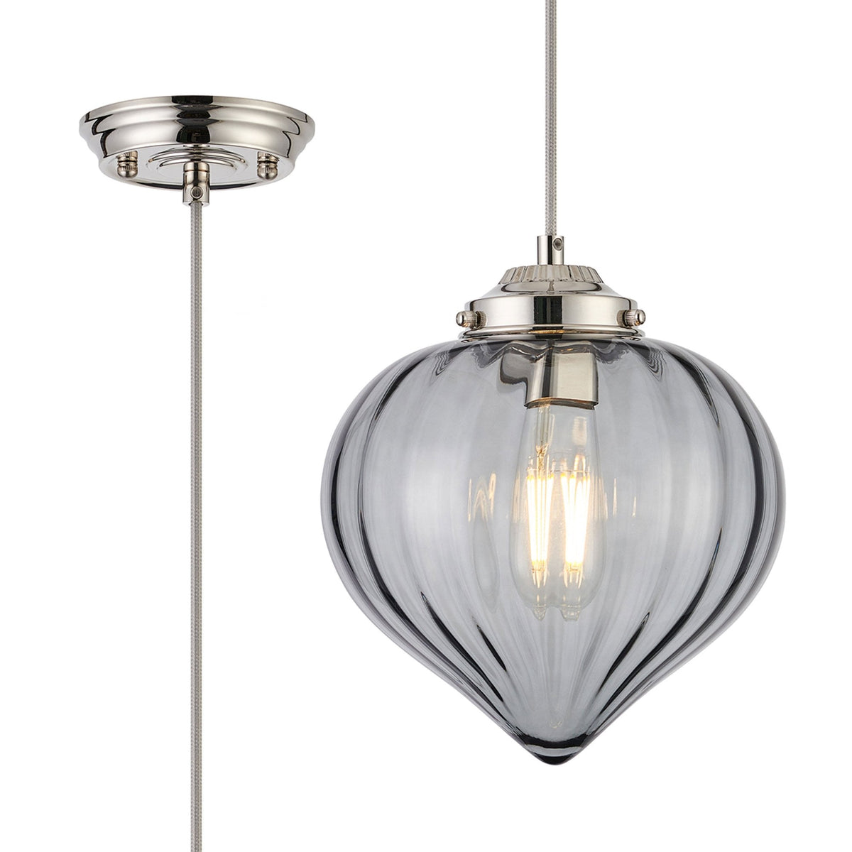 Appin Single Drop Pendant in Polished Nickel with Smoke Flower Bud Glass Shade