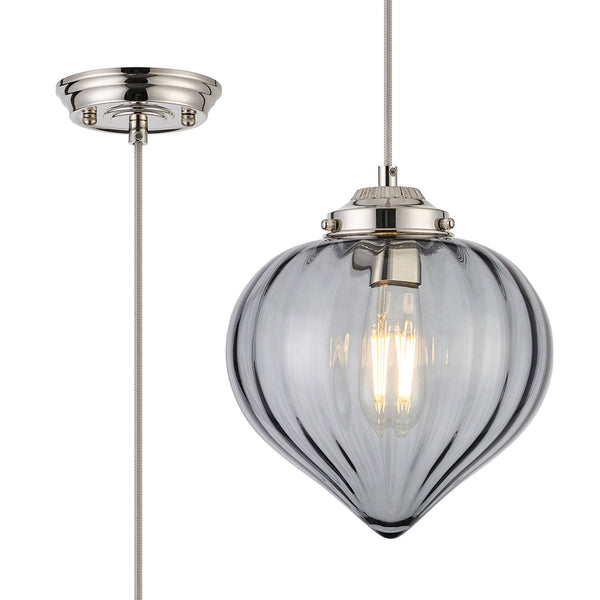 Appin Single Drop Pendant in Polished Nickel with Smoke Flower Bud Glass Shade
