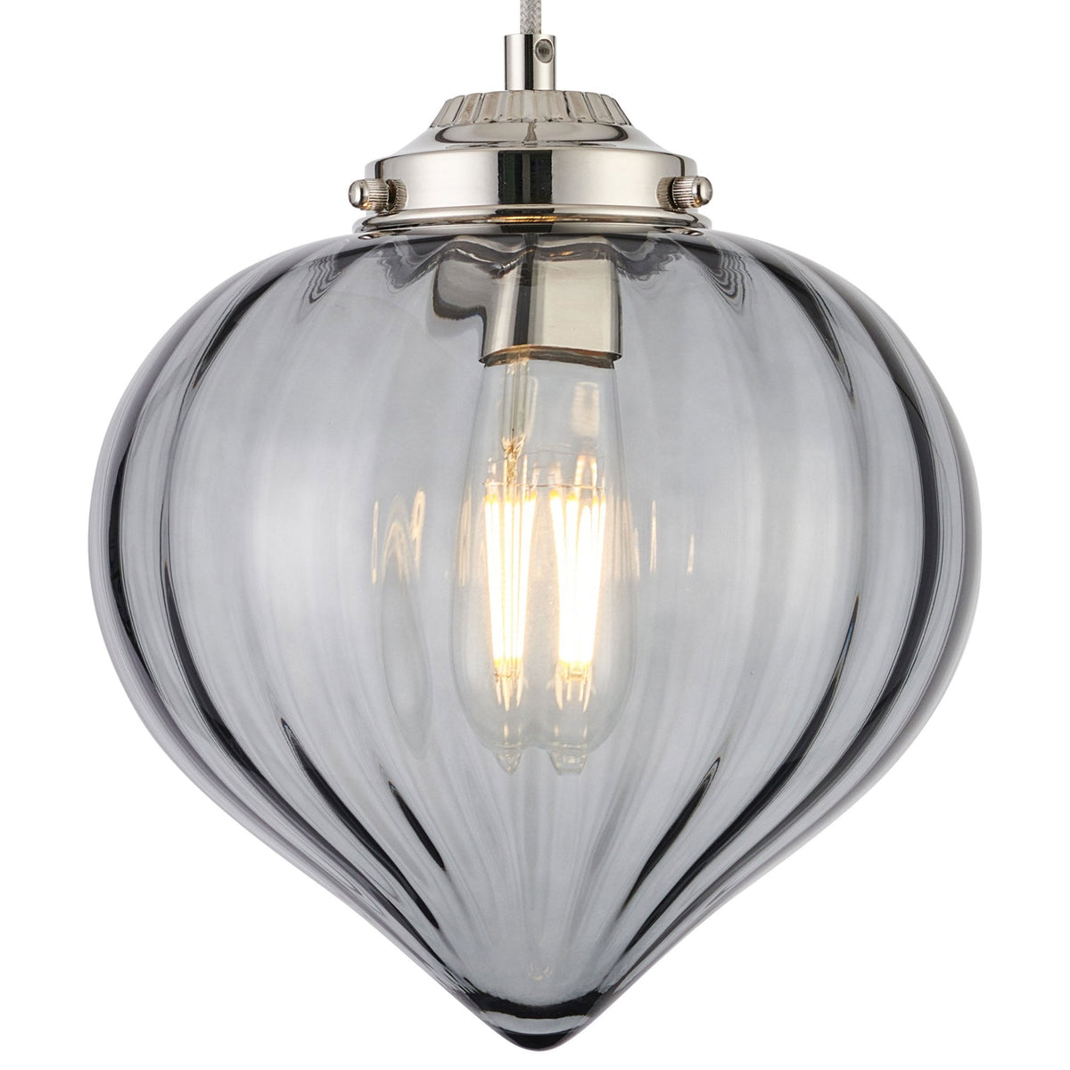 Appin Single Drop Pendant in Polished Nickel with Smoke Flower Bud Glass Shade