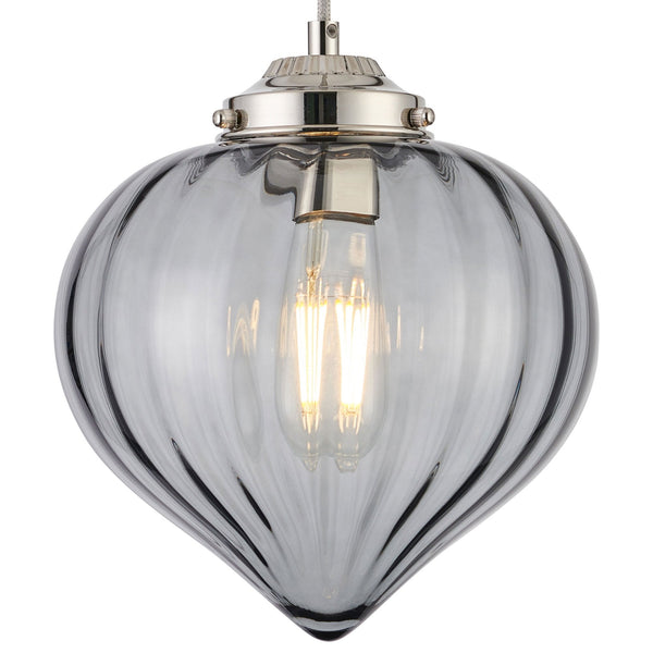 Appin Single Drop Pendant in Polished Nickel with Smoke Flower Bud Glass Shade