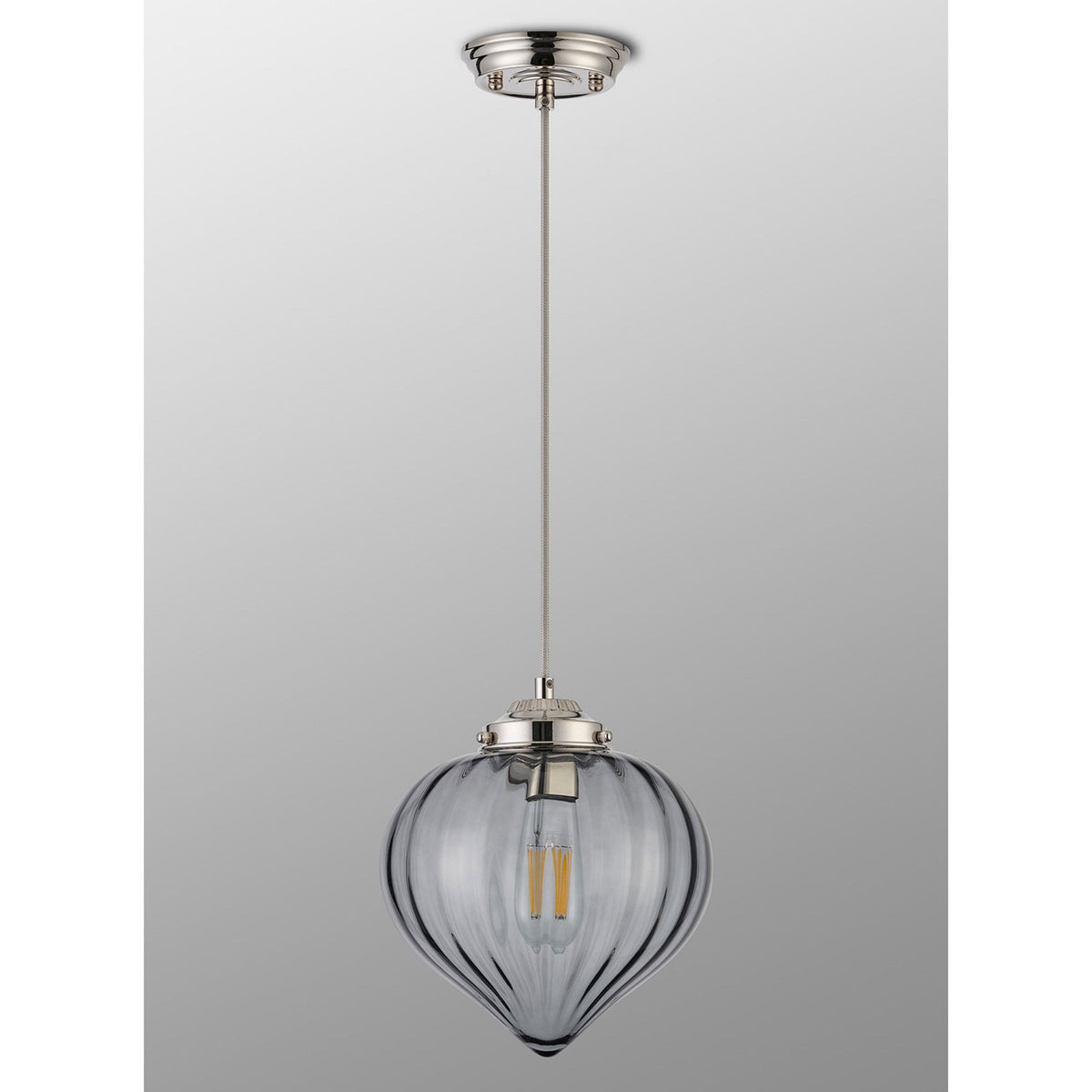 Appin Single Drop Pendant in Polished Nickel with Smoke Flower Bud Glass Shade