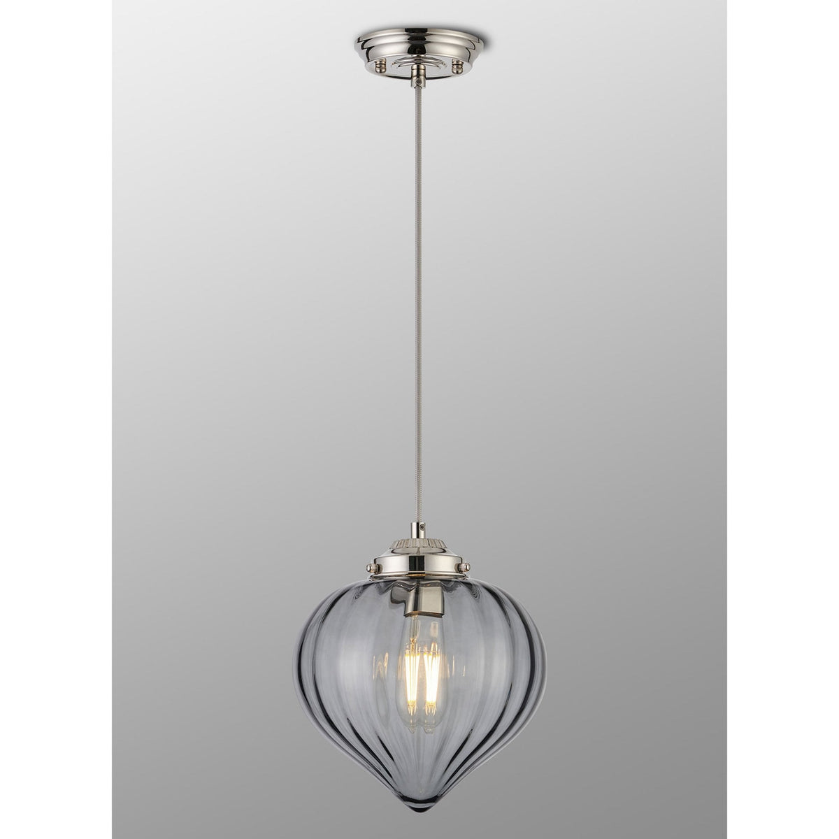 Appin Single Drop Pendant in Polished Nickel with Smoke Flower Bud Glass Shade