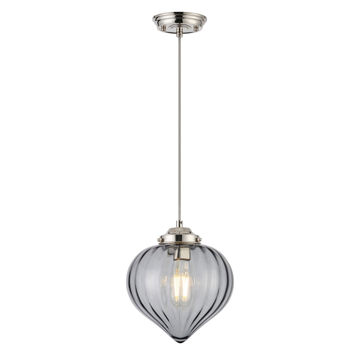 Appin Single Drop Pendant in Polished Nickel with Smoke Flower Bud Glass Shade