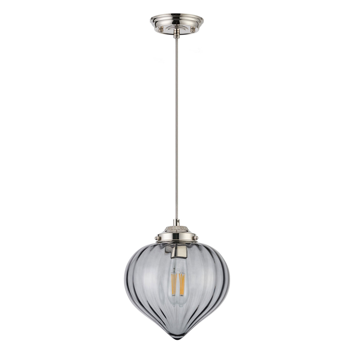 Appin Single Drop Pendant in Polished Nickel with Smoke Flower Bud Glass Shade