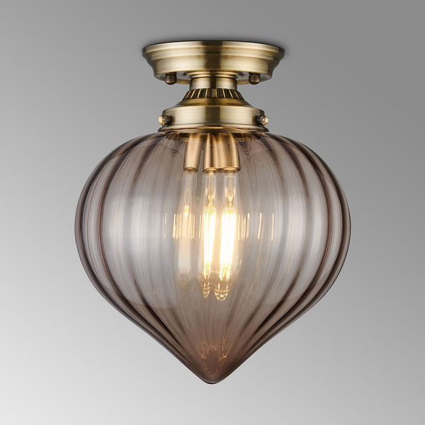 Appin Flush Ceiling Light in Antique Brass with Cognac Flower Bud Glass Shade