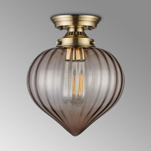 Appin Flush Ceiling Light in Antique Brass with Cognac Flower Bud Glass Shade
