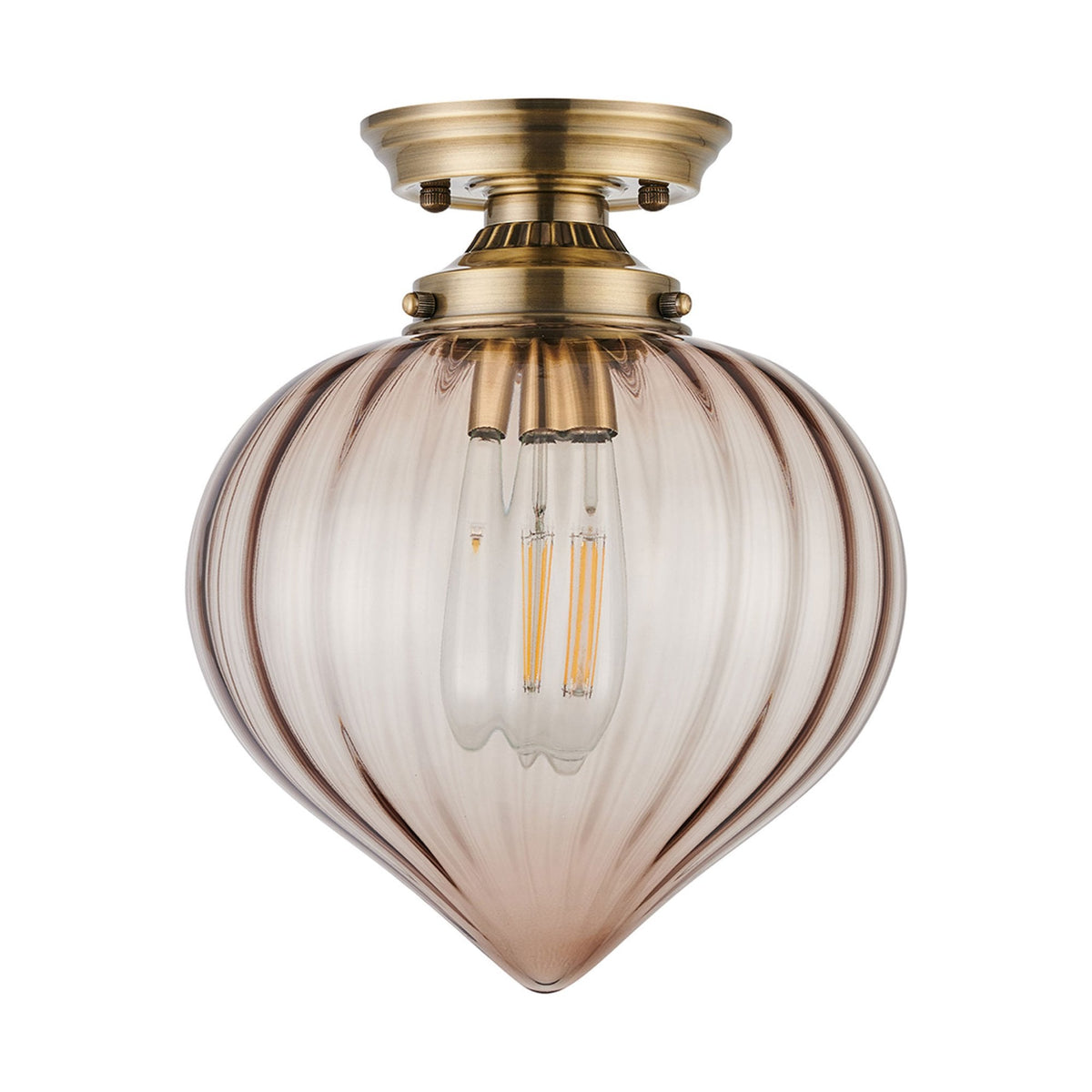 Appin Flush Ceiling Light in Antique Brass with Cognac Flower Bud Glass Shade
