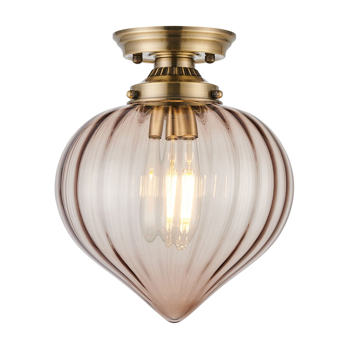 Appin Flush Ceiling Light in Antique Brass with Cognac Flower Bud Glass Shade