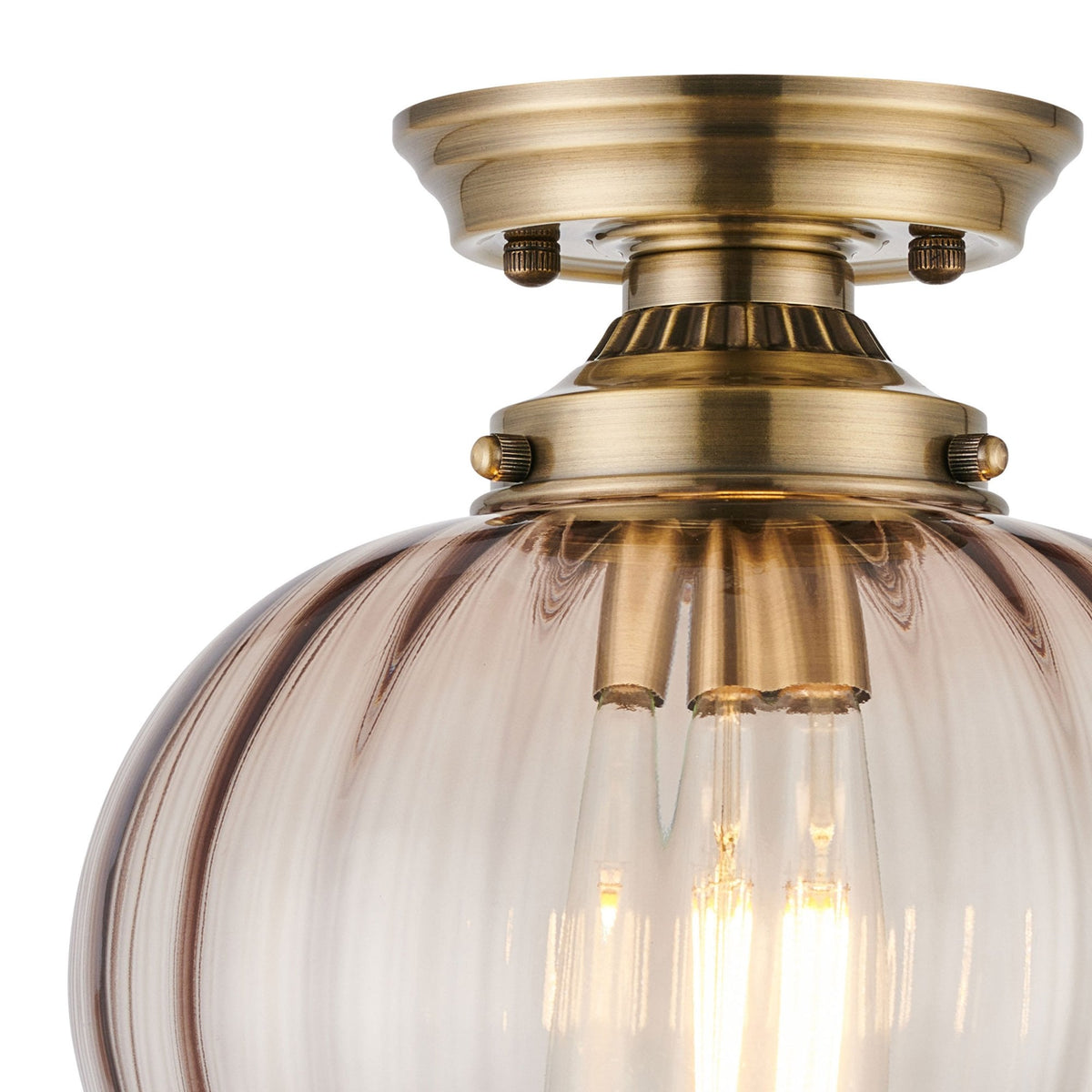 Appin Flush Ceiling Light in Antique Brass with Cognac Flower Bud Glass Shade