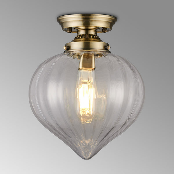 Appin Flush Ceiling Light in Antique Brass with Clear Flower Bud Glass Shade