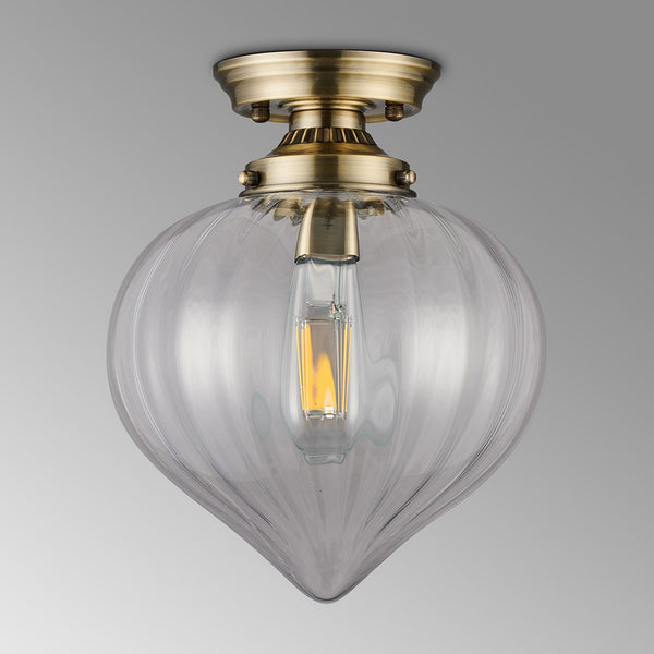 Appin Flush Ceiling Light in Antique Brass with Clear Flower Bud Glass Shade