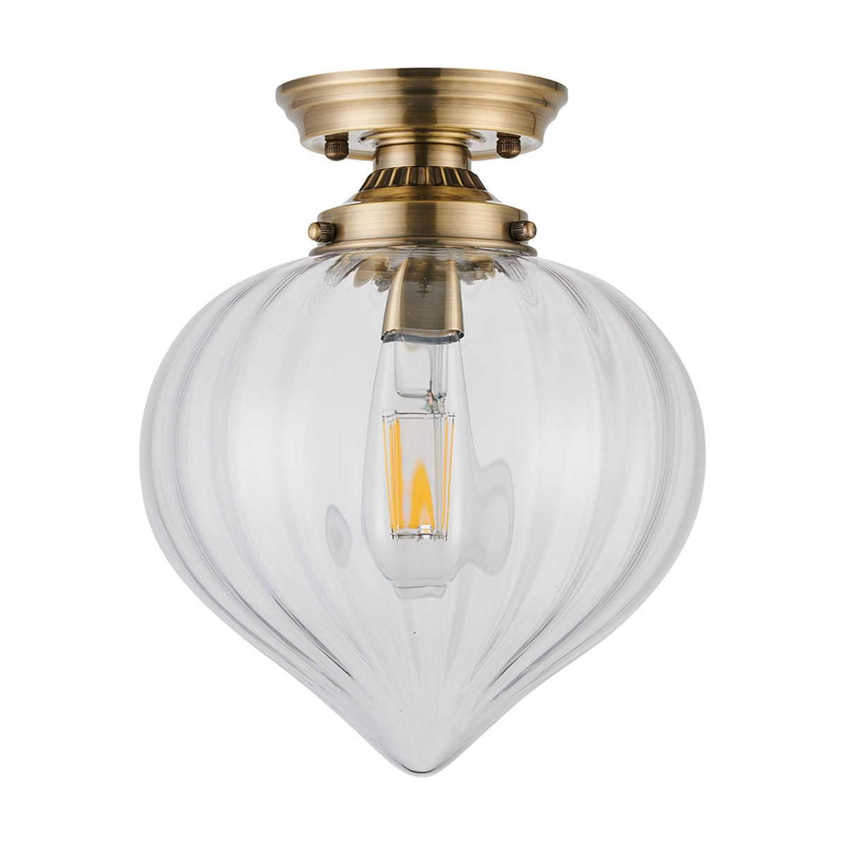 Appin Flush Ceiling Light in Antique Brass with Clear Flower Bud Glass Shade