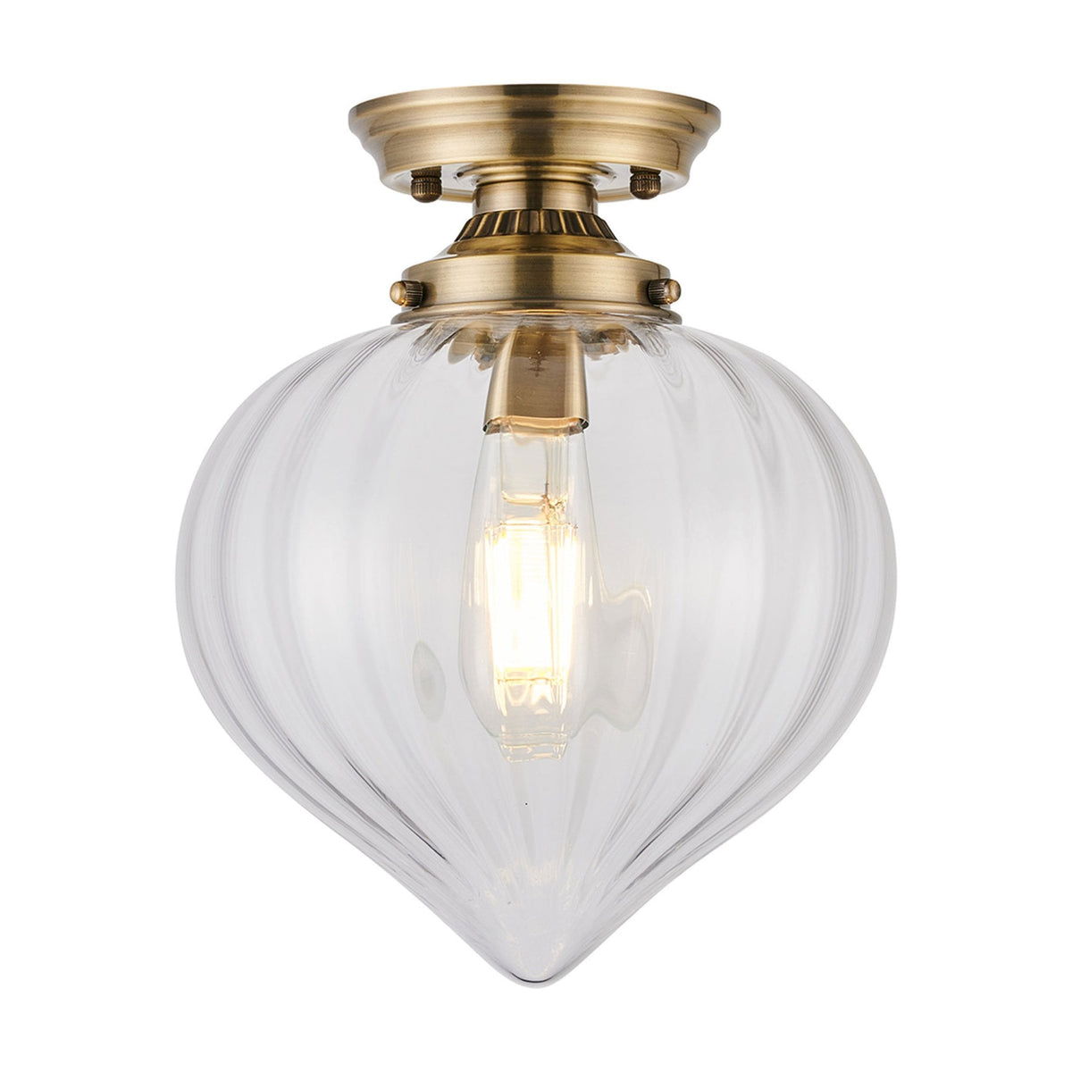 Appin Flush Ceiling Light in Antique Brass with Clear Flower Bud Glass Shade