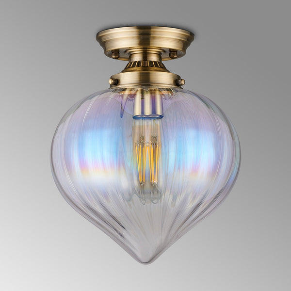 Appin Flush Ceiling Light in Antique Brass with Iridescent Faded Flower Bud Glass Shade