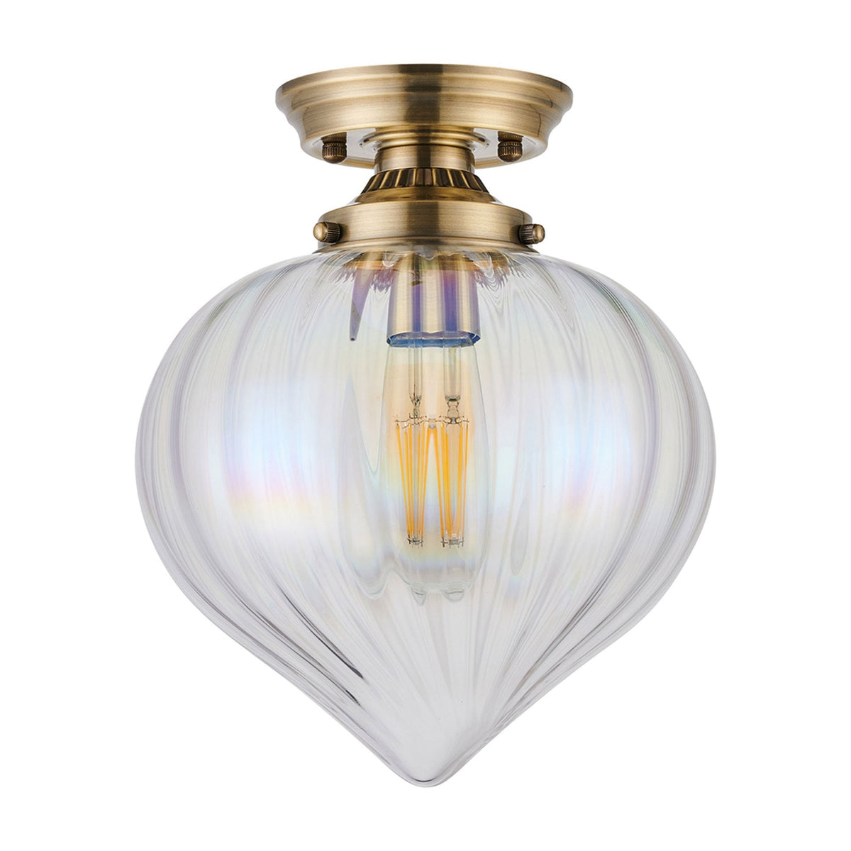 Appin Flush Ceiling Light in Antique Brass with Iridescent Faded Flower Bud Glass Shade