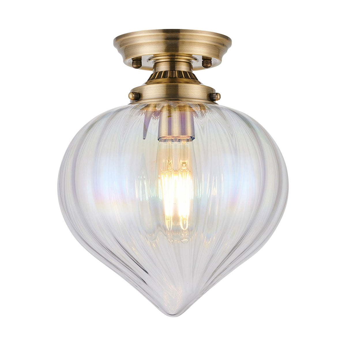 Appin Flush Ceiling Light in Antique Brass with Iridescent Faded Flower Bud Glass Shade