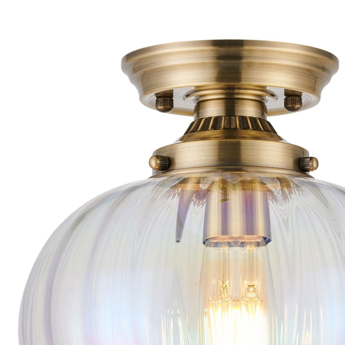 Appin Flush Ceiling Light in Antique Brass with Iridescent Faded Flower Bud Glass Shade