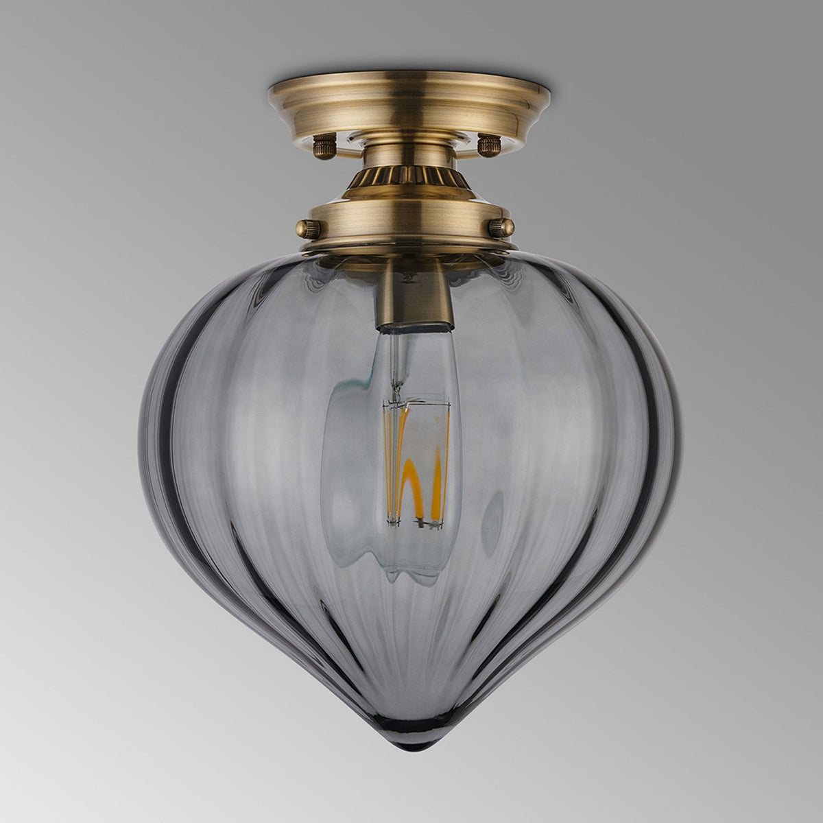 Appin Flush Ceiling Light in Antique Brass with Smoke Flower Bud Glass Shade