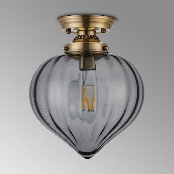 Appin Flush Ceiling Light in Antique Brass with Smoke Flower Bud Glass Shade
