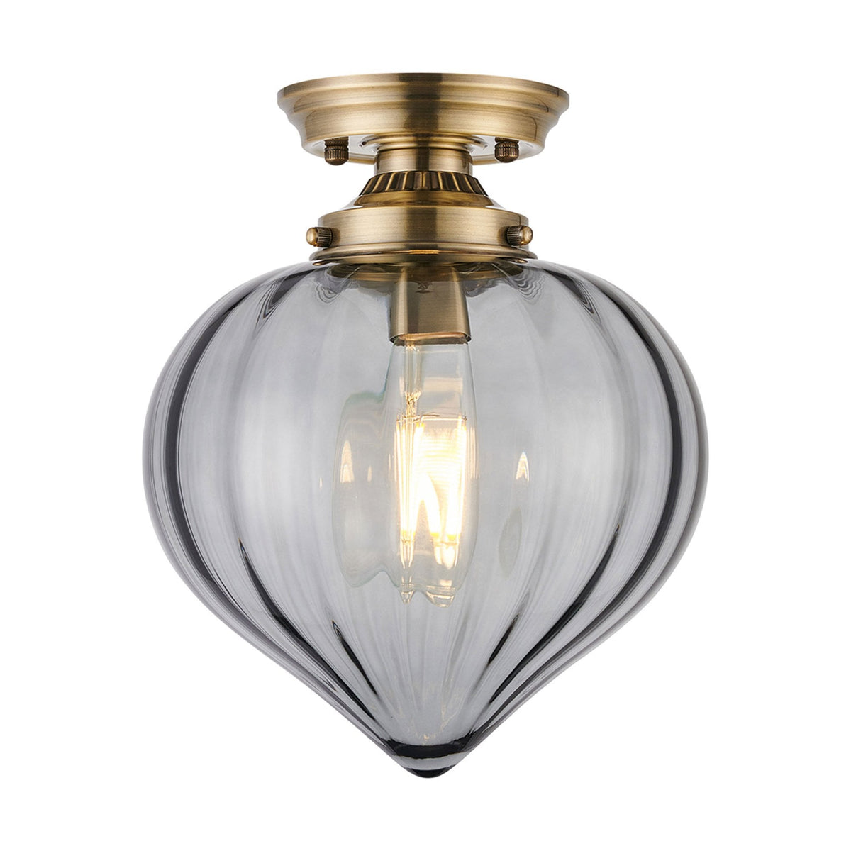 Appin Flush Ceiling Light in Antique Brass with Smoke Flower Bud Glass Shade