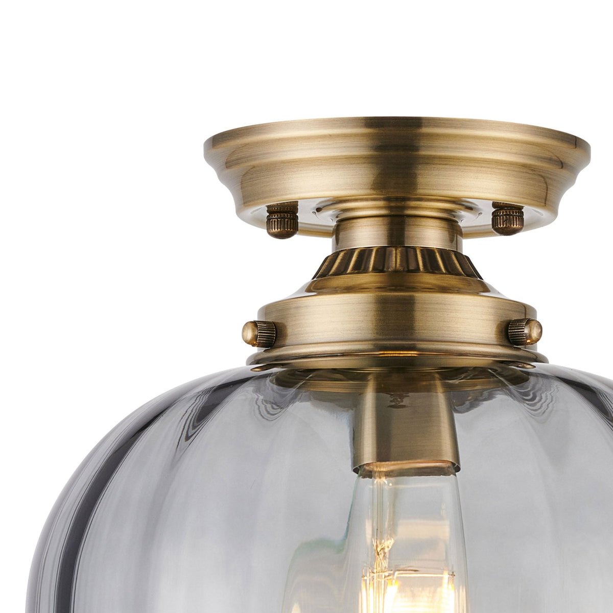 Appin Flush Ceiling Light in Antique Brass with Smoke Flower Bud Glass Shade