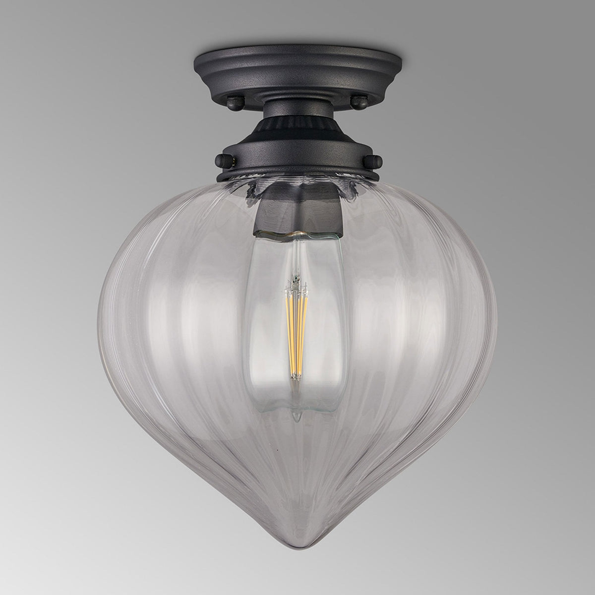 Appin Flush Ceiling Light in Satin Black with Clear Flower Bud Glass Shade