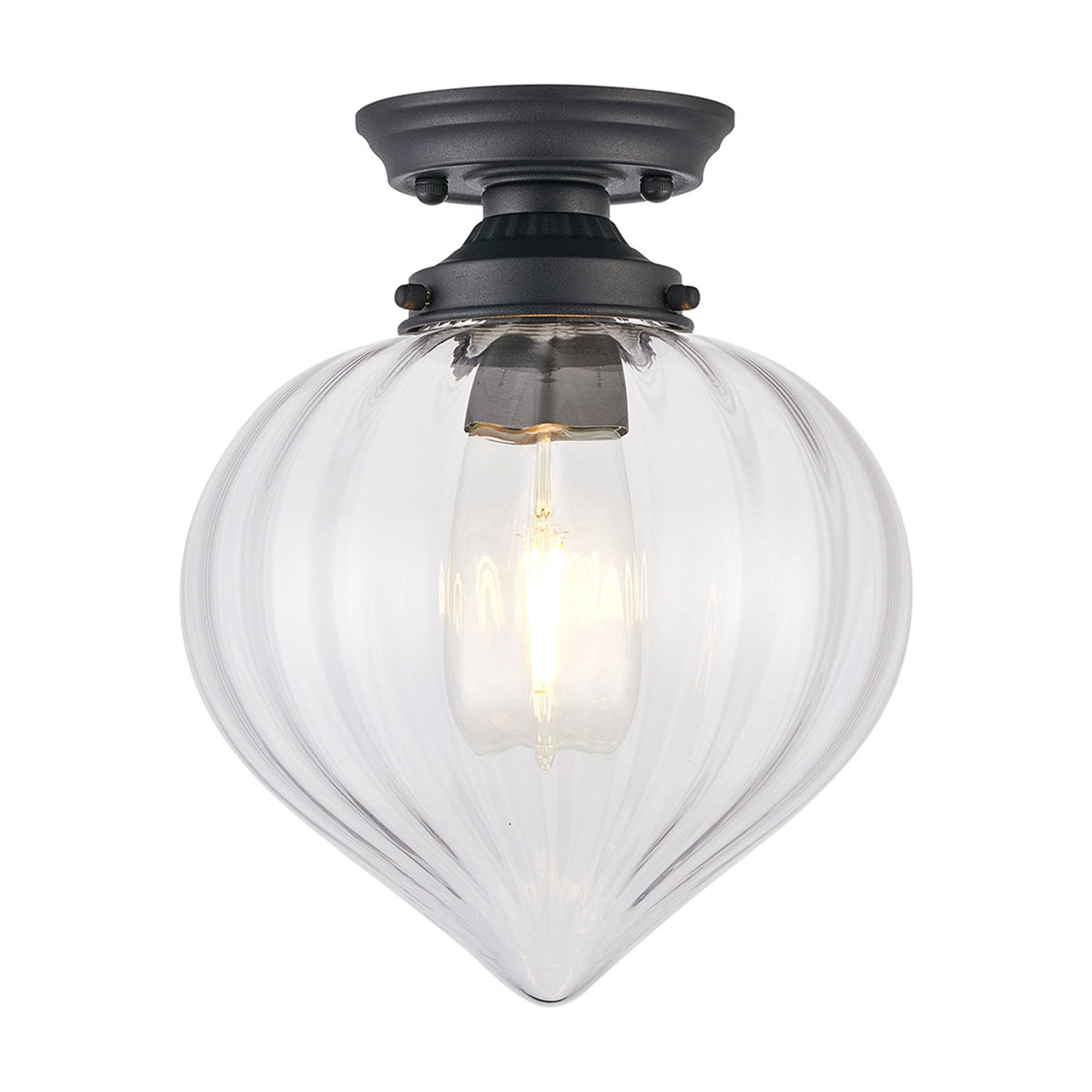 Appin Flush Ceiling Light in Satin Black with Clear Flower Bud Glass Shade