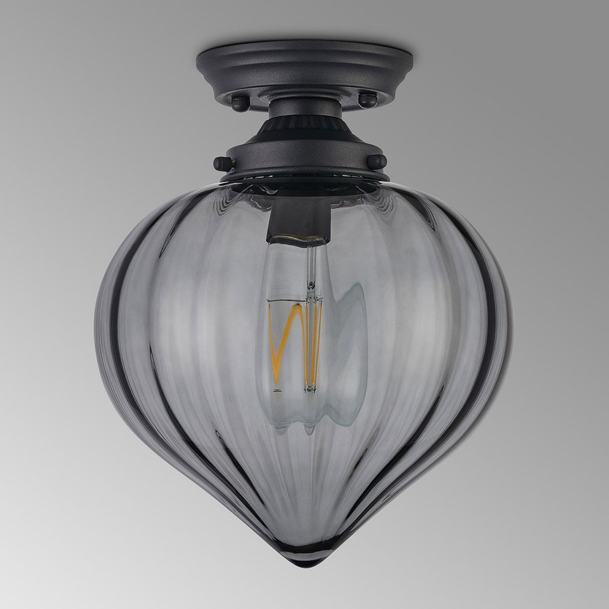 Appin Flush Ceiling Light in Satin Black with Smoke Flower Bud Glass Shade