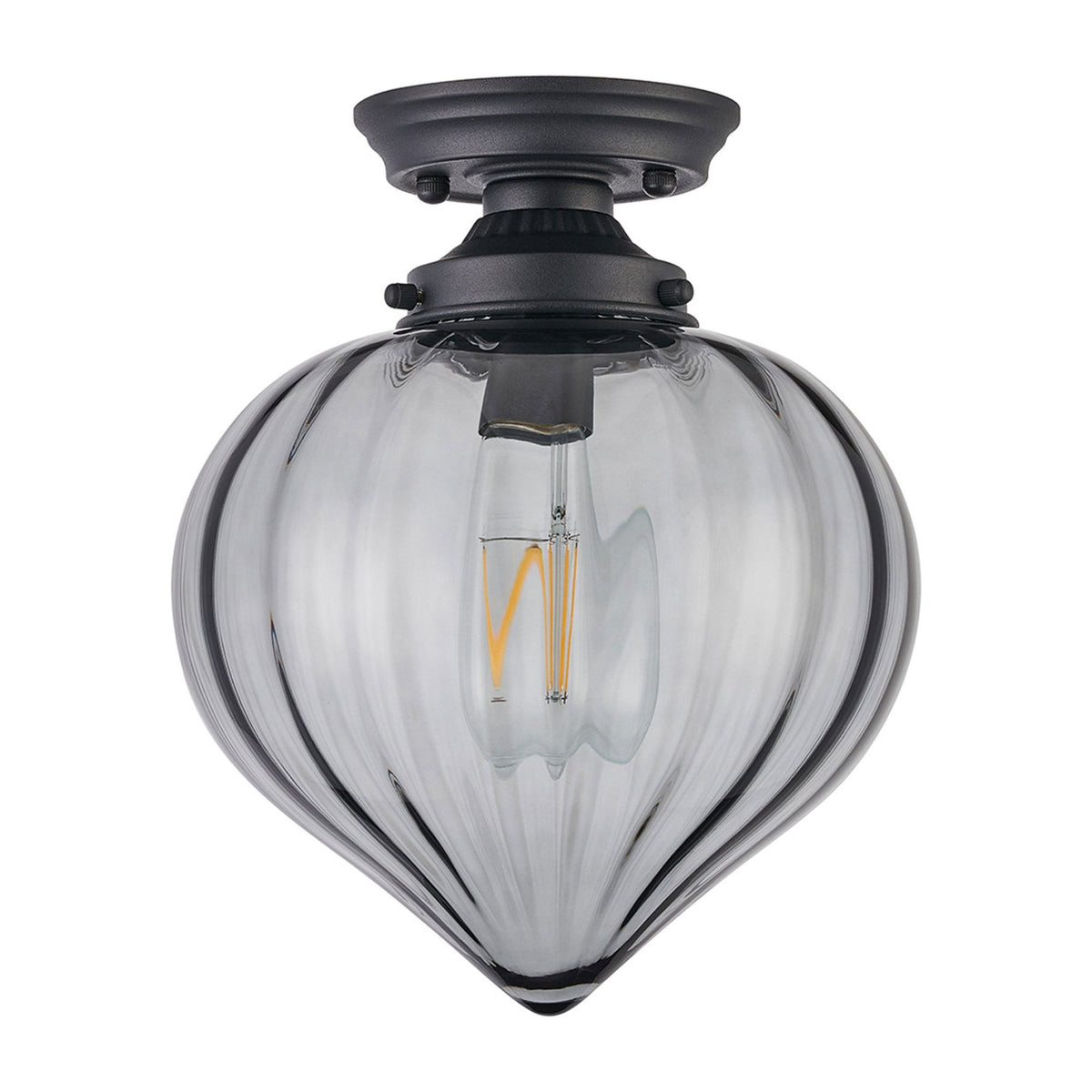 Appin Flush Ceiling Light in Satin Black with Smoke Flower Bud Glass Shade