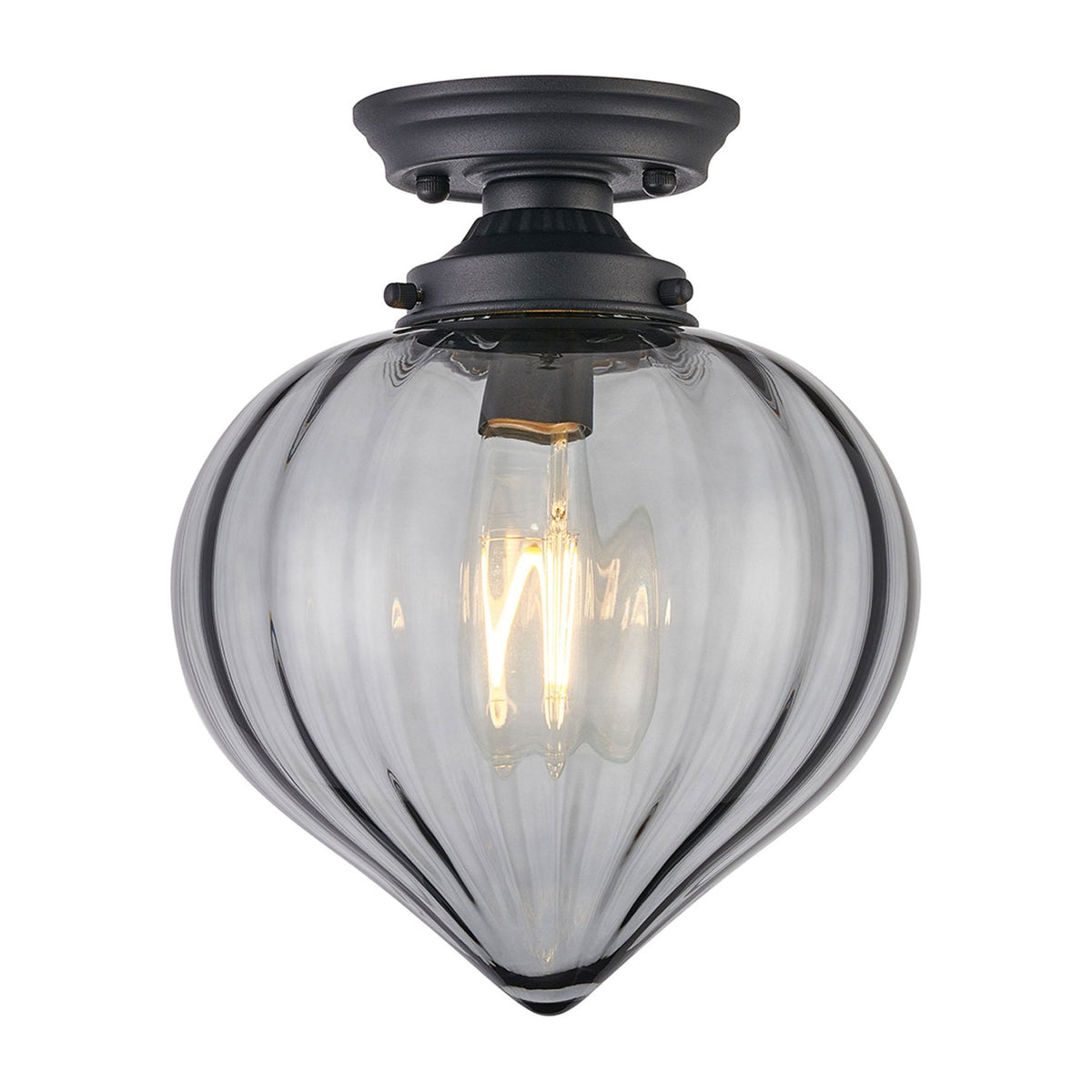 Appin Flush Ceiling Light in Satin Black with Smoke Flower Bud Glass Shade