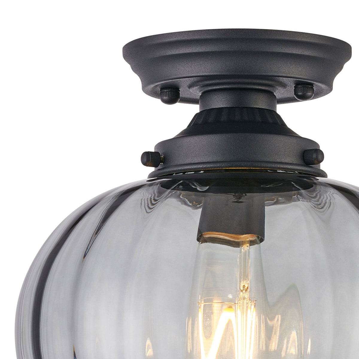 Appin Flush Ceiling Light in Satin Black with Smoke Flower Bud Glass Shade