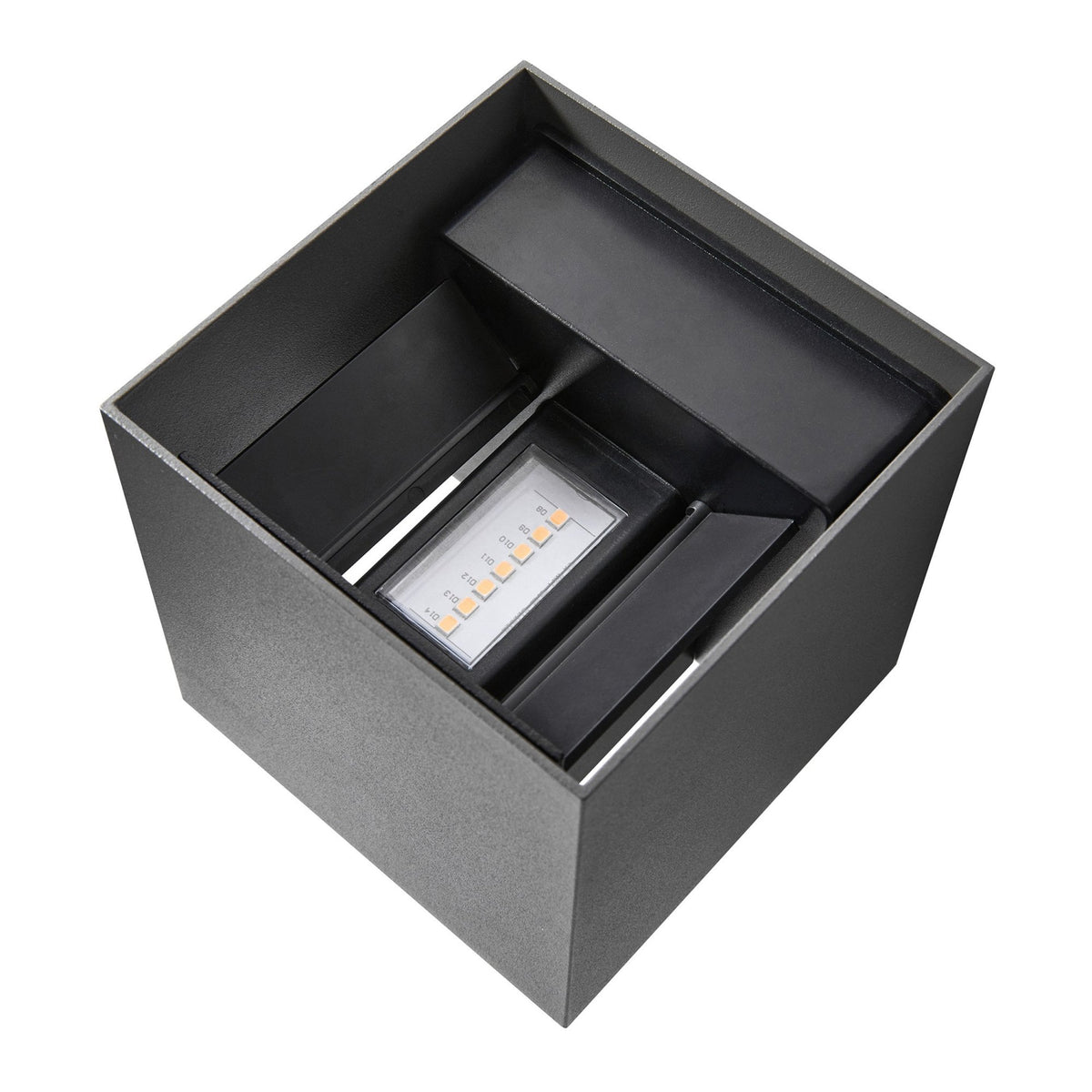 An overhead view of the cubic wall light, showing its LED light source inside.