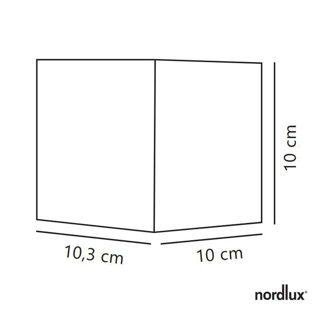 A line drawing showing the dimensions of the outdoor light: 10cm x 10cm x 10.3cm.