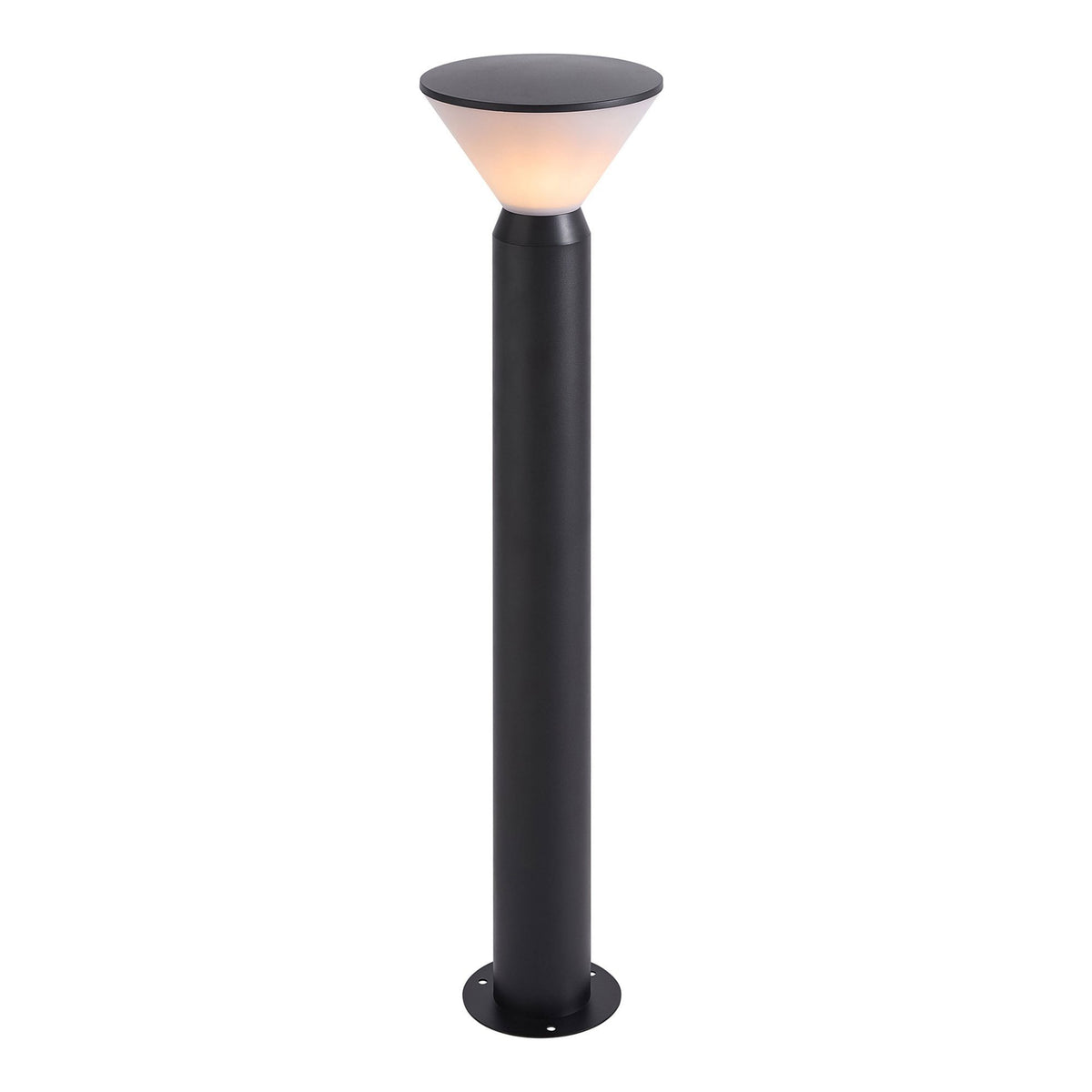 A modern black bollard light with a conical diffuser emitting a warm glow.