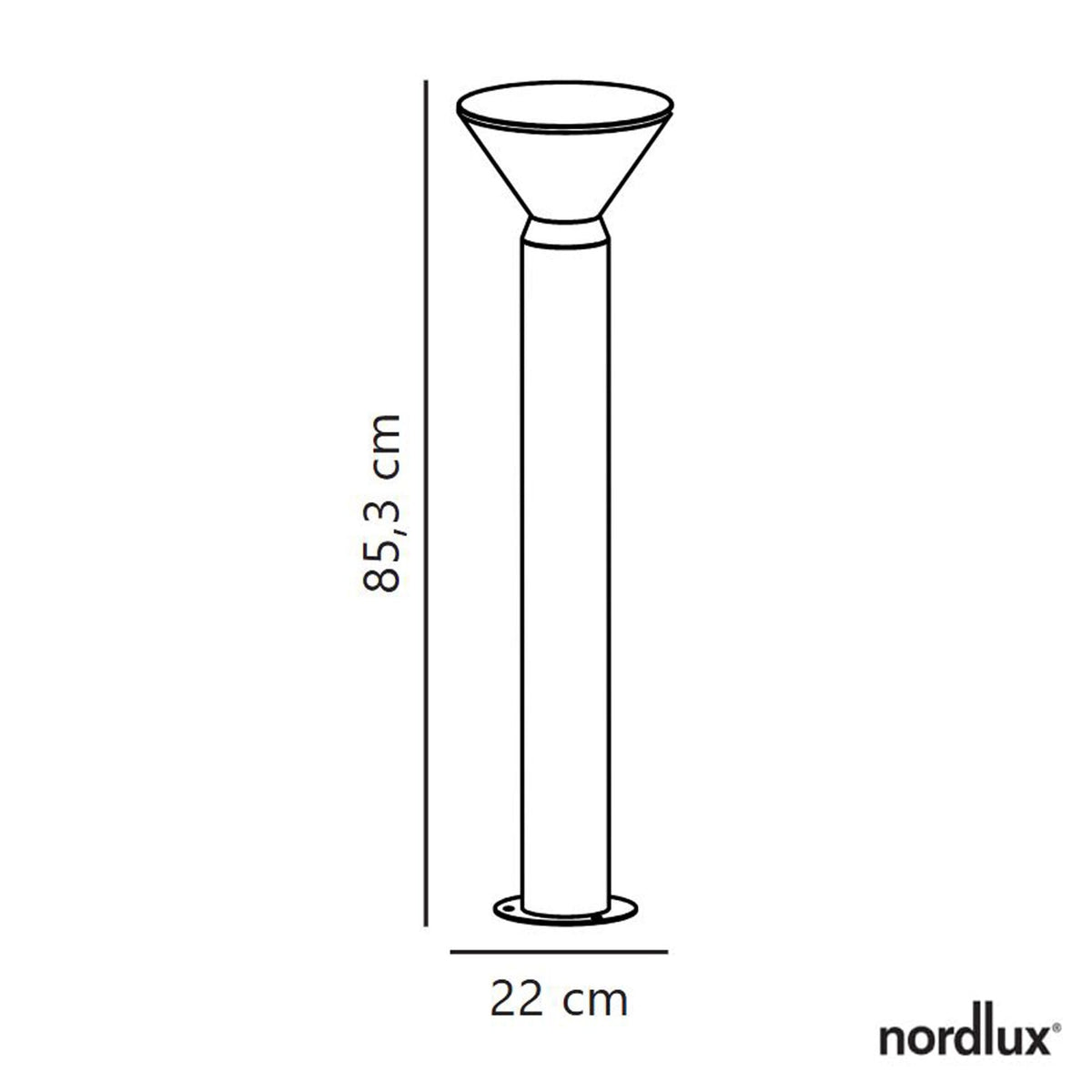 Line drawing of the bollard light showing dimensions: 85.3 cm height, 22 cm width.