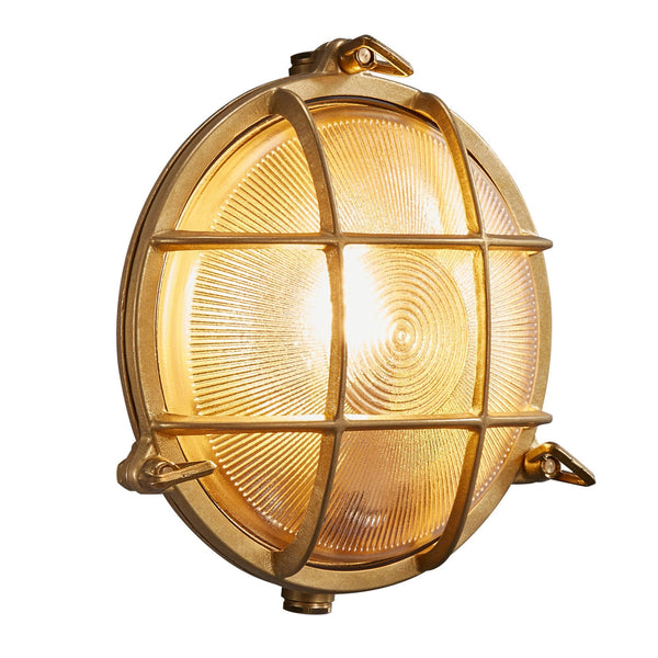 Polperro Coastal IP64 Bulkhead Wall Light In Brass With Glass Shade