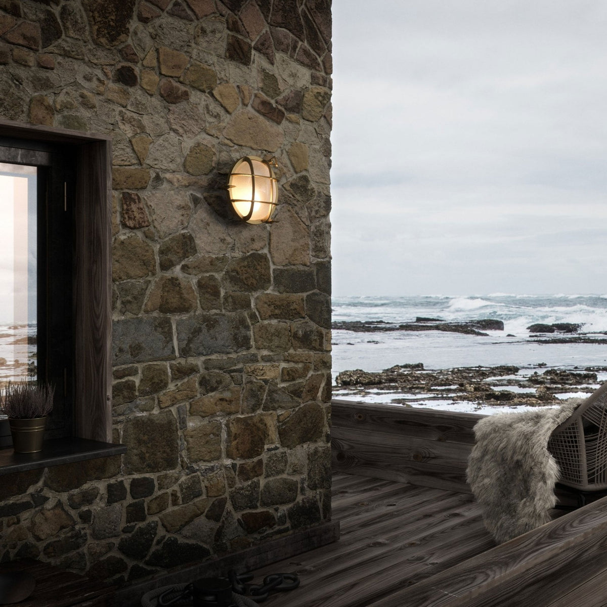 Polperro Coastal IP64 Bulkhead Wall Light In Brass With Glass Shade