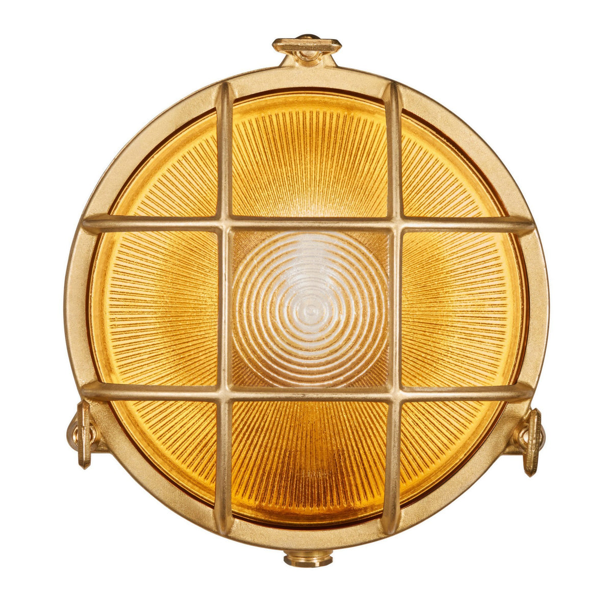 Polperro Coastal IP64 Bulkhead Wall Light In Brass With Glass Shade