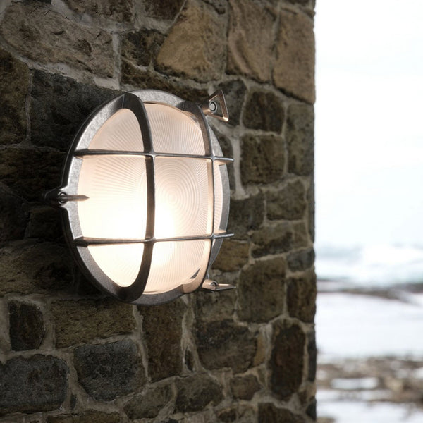 Polperro Coastal IP64 Bulkhead Wall Light In Nickel With Glass Shade